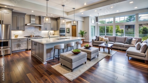 Modern open concept living room and kitchen in new home featuring large island, hardwood floors, stainless appliances, and sleek cabinets in bright airy atmosphere.
