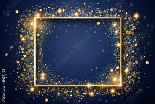 Luxurious dark blue square frame with sparkling glitter bokeh, light art, and gold confetti on a navy background, perfect for wedding cards and invitations.