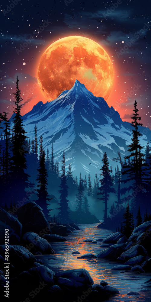 A tall mountain at night with evergreen trees and snow on it. A tall mountain at night with evergreen trees and snow on it.
