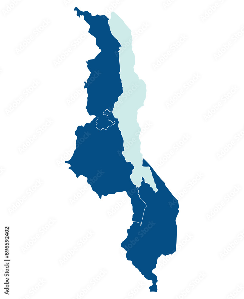 Malawi map. Map of Malawi in administrative provinces in blue color with Malawi lake Malawi map. Map of Malawi in administrative provinces in blue color with Malawi lake