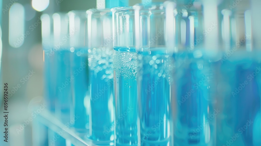 Close up view of laboratory test tubes filled with pale blue liquid for text placement