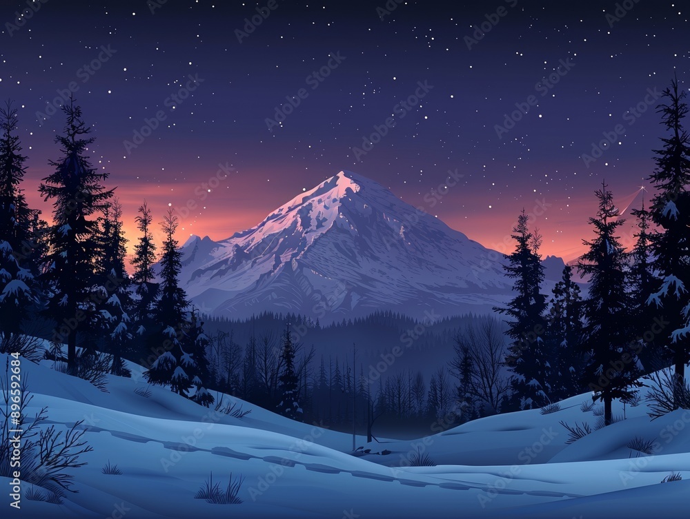 Fototapeta premium A tall mountain at night with evergreen trees and snow on it. 