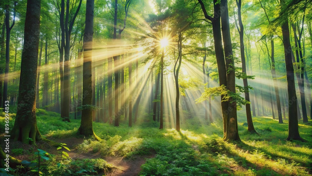 Naklejka premium Sunlight filtering through dense forest creating magical atmosphere, forest, sunlight, trees, nature, magical, atmosphere