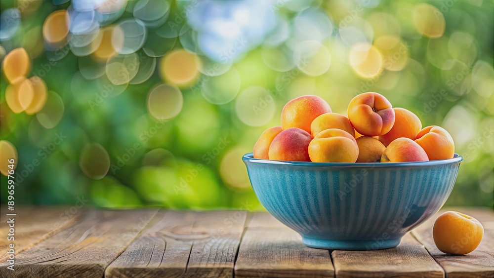 Fresh apricots in a blue bowl on a wooden board with green bokeh background, apricots, fruit, blue bowl, wooden board, fresh Fresh apricots in a blue bowl on a wooden board with green bokeh background, apricots, fruit, blue bowl, wooden board, fresh