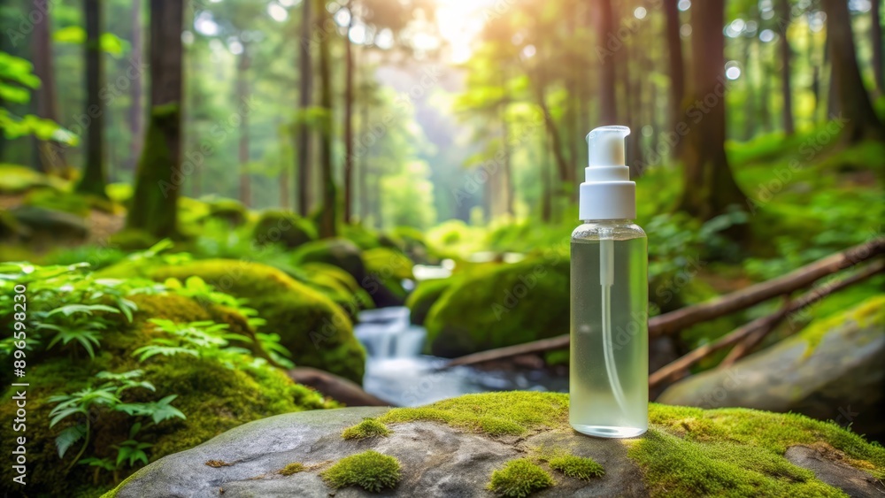 A bottle of outdoors insect repellent spray stands alone on a rock in a lush green forest, symbolizing protection from disease-carrying mosquitoes. A bottle of outdoors insect repellent spray stands alone on a rock in a lush green forest, symbolizing protection from disease-carrying mosquitoes.