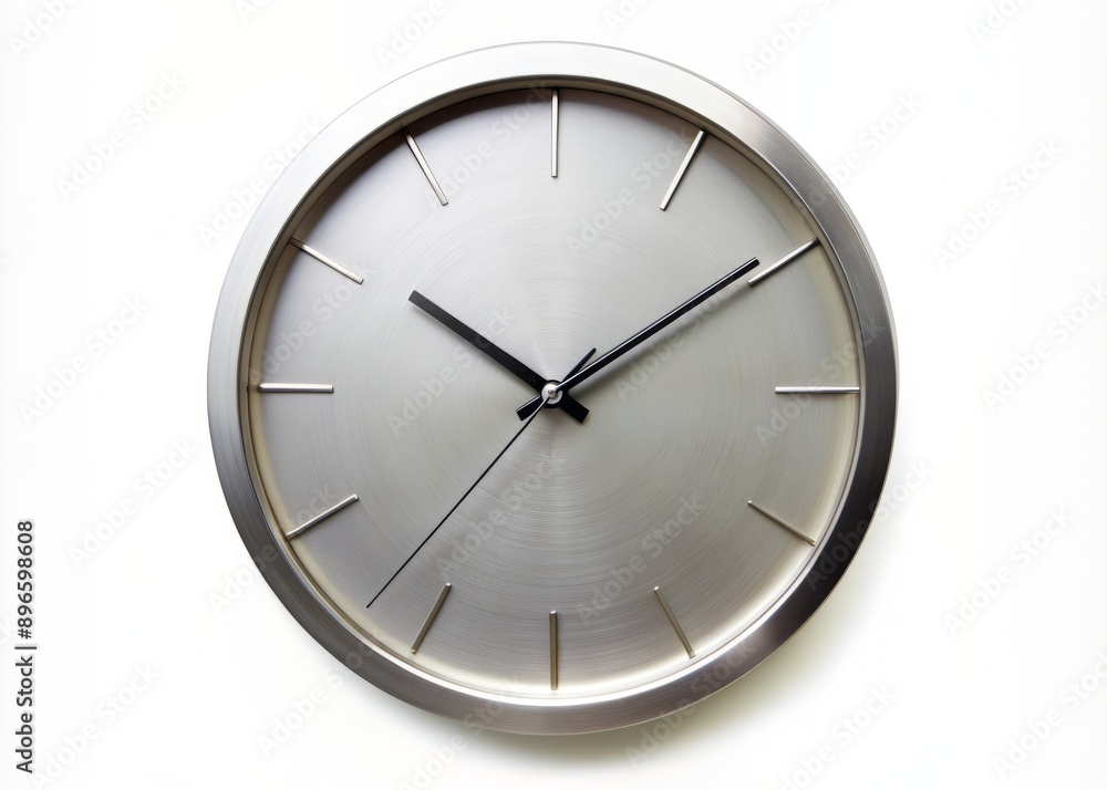 A sleek, modern, silver round wall clock with plain face and thin hands, set against a clean, crisp, pure white background, free from distractions. A sleek, modern, silver round wall clock with plain face and thin hands, set against a clean, crisp, pure white background, free from distractions.