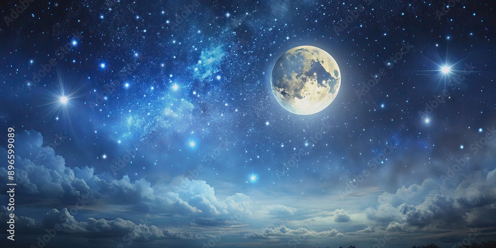 Naklejka premium Artist rendering of a night sky with a full moon, stars, and bright light , moon, night, sky, stars, bright, light