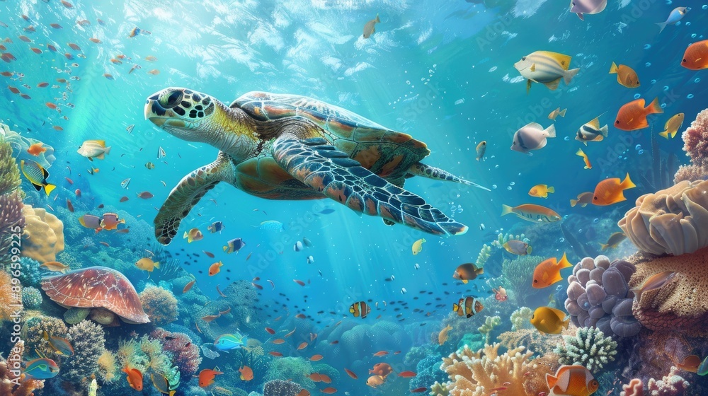 Fototapeta premium Close-up of a sea turtle swimming above a coral reef, surrounded by schools of tropical fish in a blue ocean