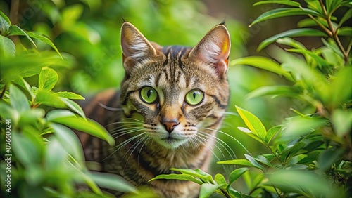 Cat stalking through lush green foliage in search of prey, cat, hunt, wildlife, greenery, nature, feline, camouflage, predator © Udomner