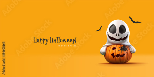 Happy Halloween. Monster and spider sitting on pumpkin and smiling, 3D. Funny and scary image for advertising concepts. Vector illustration.