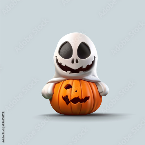 A monster is smiling sitting on a pumpkin that has scrunched up, 3D. Emotional facial expression. For creative Halloween advertising concepts. Vector illustration.