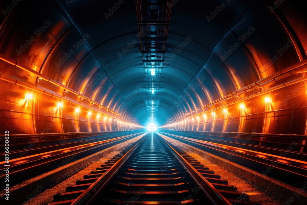 A mesmerizing perspective of a tunnel illuminated with vibrant lights, leading to a bright exit, showcasing leading lines and depth. A mesmerizing perspective of a tunnel illuminated with vibrant lights, leading to a bright exit, showcasing leading lines and depth.