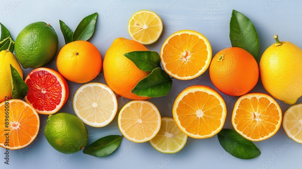 A vibrant arrangement of fresh citrus fruits including oranges, lemons, limes, and grapefruits on a textured blue background. A vibrant arrangement of fresh citrus fruits including oranges, lemons, limes, and grapefruits on a textured blue background.