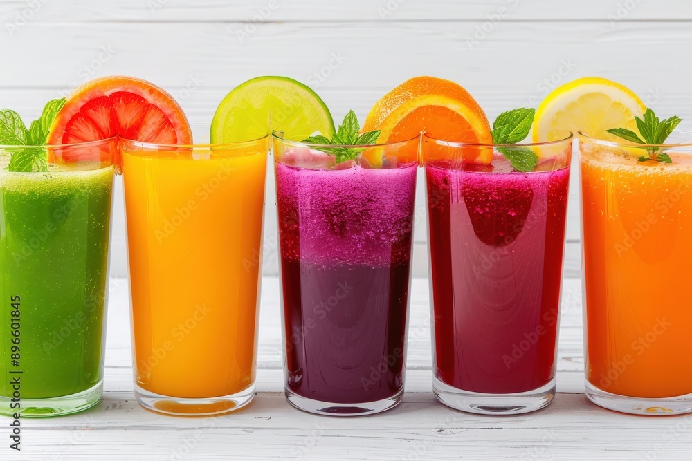 Colorful and refreshing fruit juices served in clear glasses, perfect for a healthy lifestyle and summer gatherings. Colorful and refreshing fruit juices served in clear glasses, perfect for a healthy lifestyle and summer gatherings.