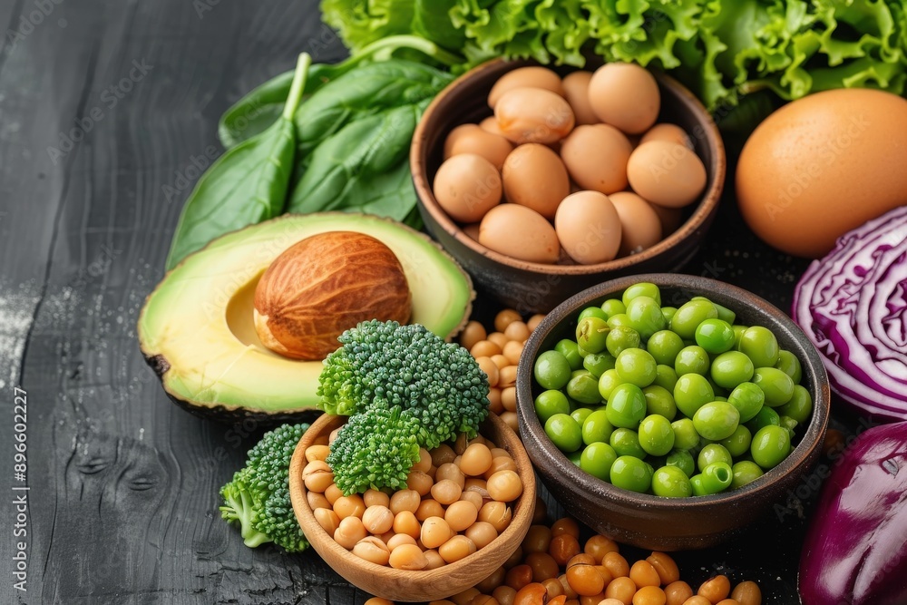 Fresh assortment of nutritious vegetables and eggs in rustic bowls, perfect for healthy cooking and meal prep. Fresh assortment of nutritious vegetables and eggs in rustic bowls, perfect for healthy cooking and meal prep.