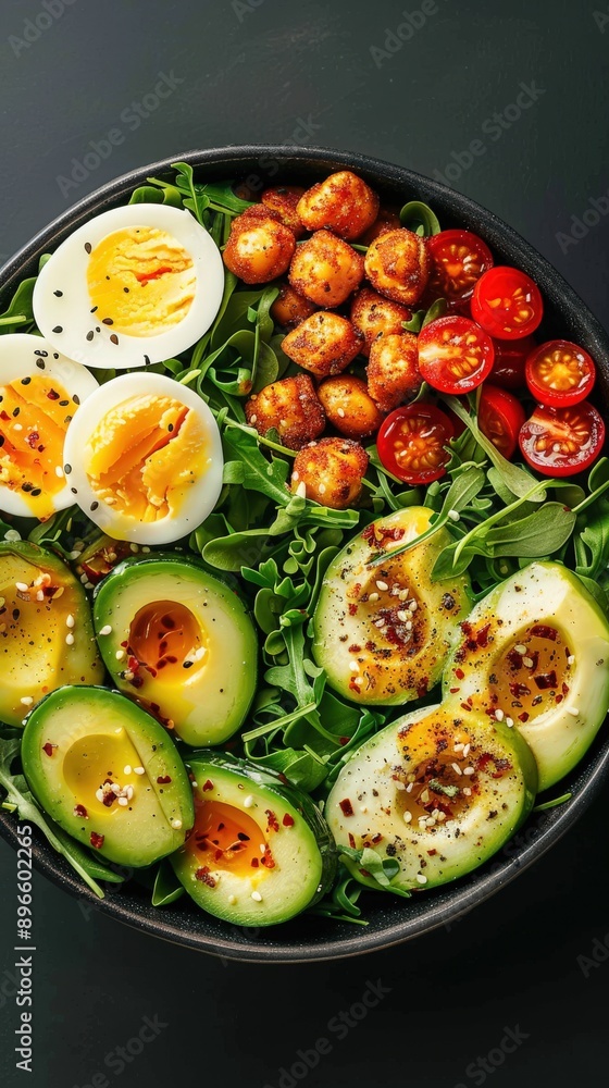 Fresh and colorful salad bowl featuring avocado, boiled egg, cherry tomato, and crispy chickpeas on a bed of greens. Fresh and colorful salad bowl featuring avocado, boiled egg, cherry tomato, and crispy chickpeas on a bed of greens.