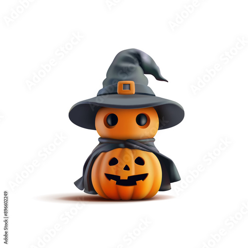 Realistic orange pumpkin in a hat, 3D. For Halloween concepts. Funny facial expression. Vector illustration.