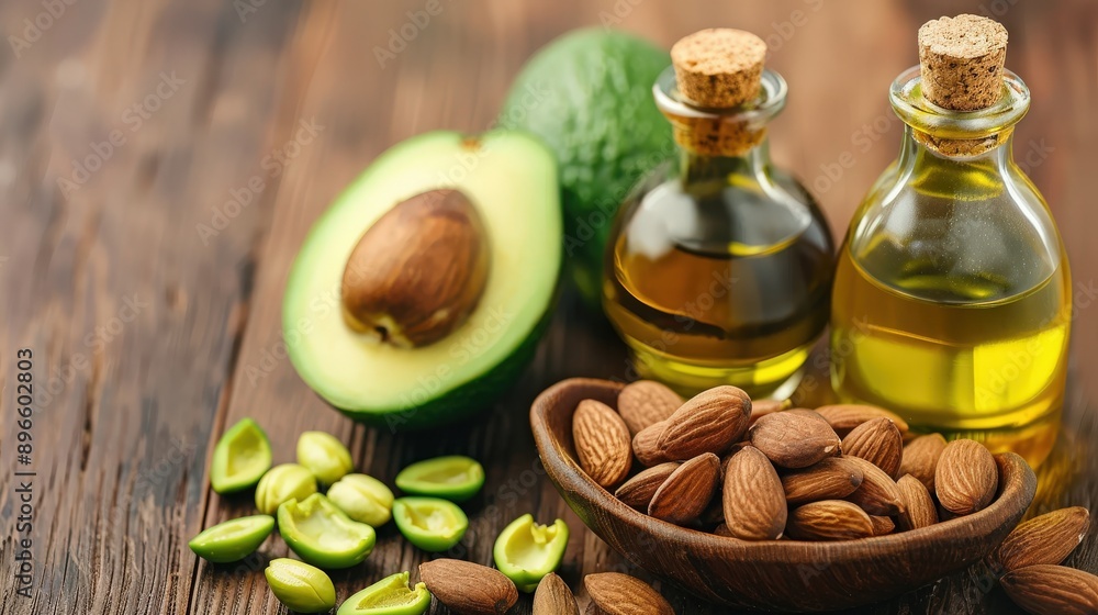 Nutritious oils from almonds and avocados, perfect for cooking and cosmetics, arranged beautifully on a wooden surface. Nutritious oils from almonds and avocados, perfect for cooking and cosmetics, arranged beautifully on a wooden surface.