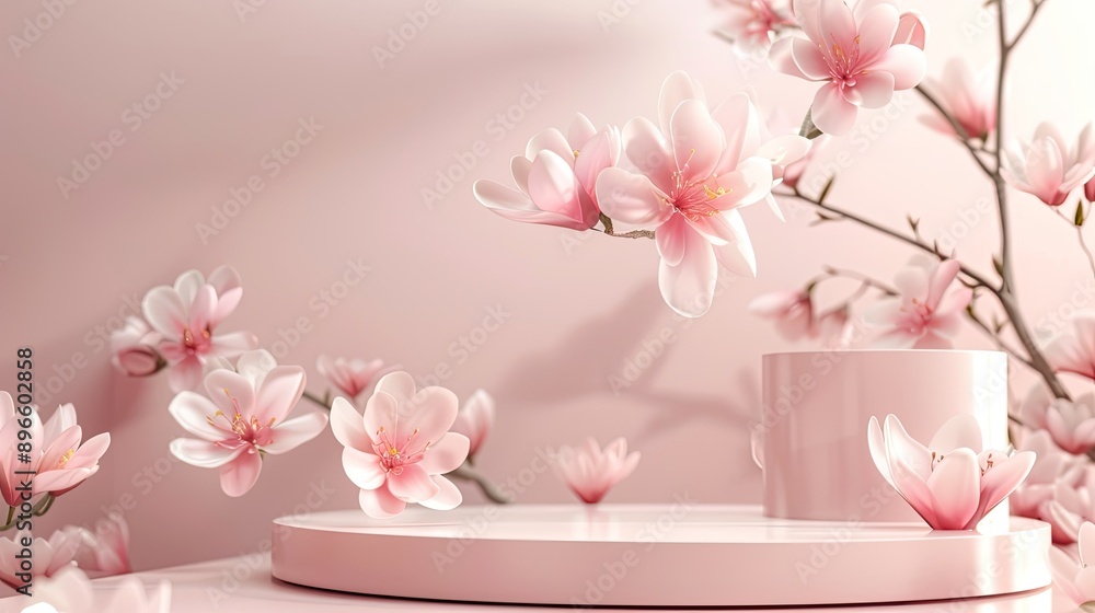 Pink flower background with a 3D podium, creating a serene display for spring beauty products. Pink flower background with a 3D podium, creating a serene display for spring beauty products.