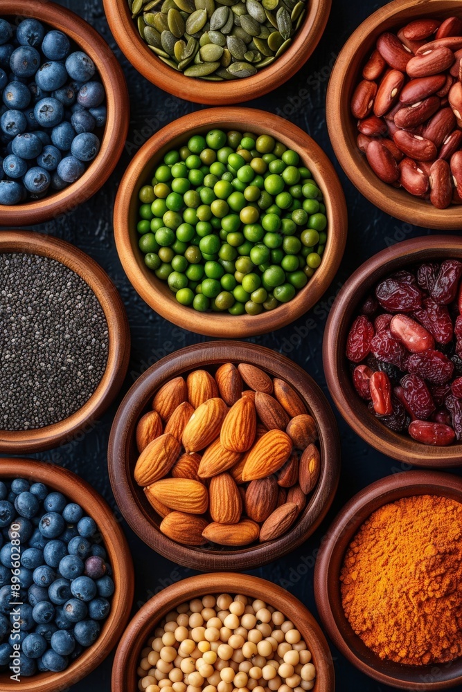 Vibrant assortment of healthy ingredients in bowls, showcasing a colorful variety of seeds, nuts, and legumes for culinary inspiration. Vibrant assortment of healthy ingredients in bowls, showcasing a colorful variety of seeds, nuts, and legumes for culinary inspiration.