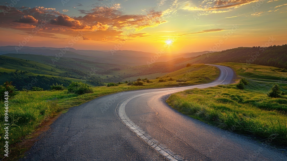 Scenic winding road leading towards a bright horizon, symbolizing journey and optimism Scenic winding road leading towards a bright horizon, symbolizing journey and optimism