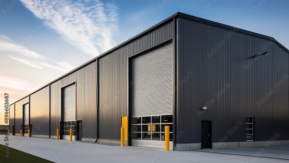 © ASGraphicsB24 - Industrial warehouse building exterior with large windows and doors. © ASGraphicsB24 - Industrial warehouse building exterior with large windows and doors.