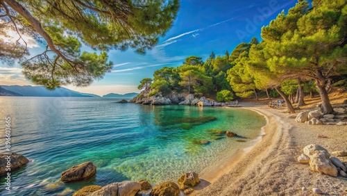 Fototapeta Naklejka Na Ścianę i Meble -  Beautiful beach with trees and rocks on the Dalmatian coast of Croatia, beach, trees, rocks, Dalmatian coast, Croatia