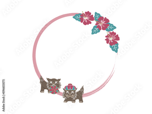 沖縄の伝統、紅型のハイビスカスとシーサーのフレーム