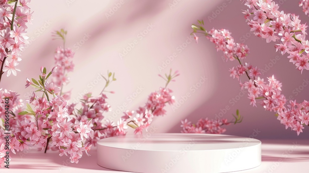 Spring-themed 3D podium with pink flowers, creating a beautiful natural background for product display. Spring-themed 3D podium with pink flowers, creating a beautiful natural background for product display.