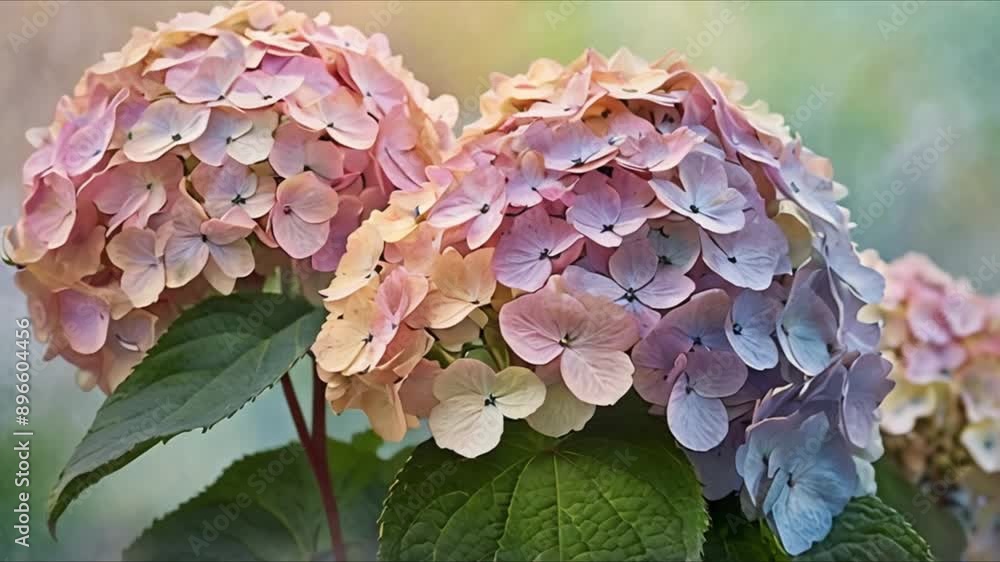 A fading hydrangea bush with petals in soft colours. The painting shows all the detail of the flower, from the veins to the colors. The painting is peaceful and beautiful, capturing a moment in nature A fading hydrangea bush with petals in soft colours. The painting shows all the detail of the flower, from the veins to the colors. The painting is peaceful and beautiful, capturing a moment in nature