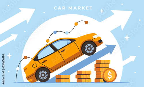 Car sales market. Poster with automobile on growth arrow pointing up. Rising cost of vehicles. Banner with car for buying, renting or selling. Design element for website. Flat vector illustration