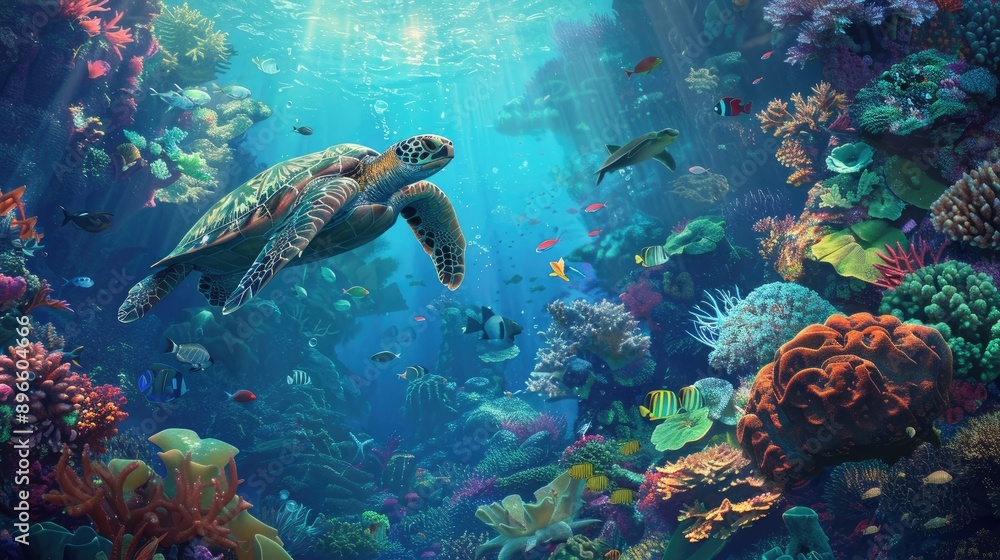 Underwater paradise featuring a coral reef, diverse marine species, and a peaceful sea turtle drifting through the scene Underwater paradise featuring a coral reef, diverse marine species, and a peaceful sea turtle drifting through the scene