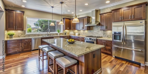 Modern kitchen interior with granite countertops and stainless steel appliances, modern, kitchen, interior