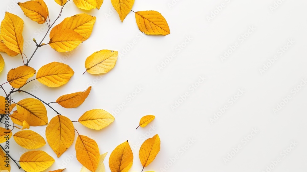 Yellow leaves on white background with space for text Yellow leaves on white background with space for text