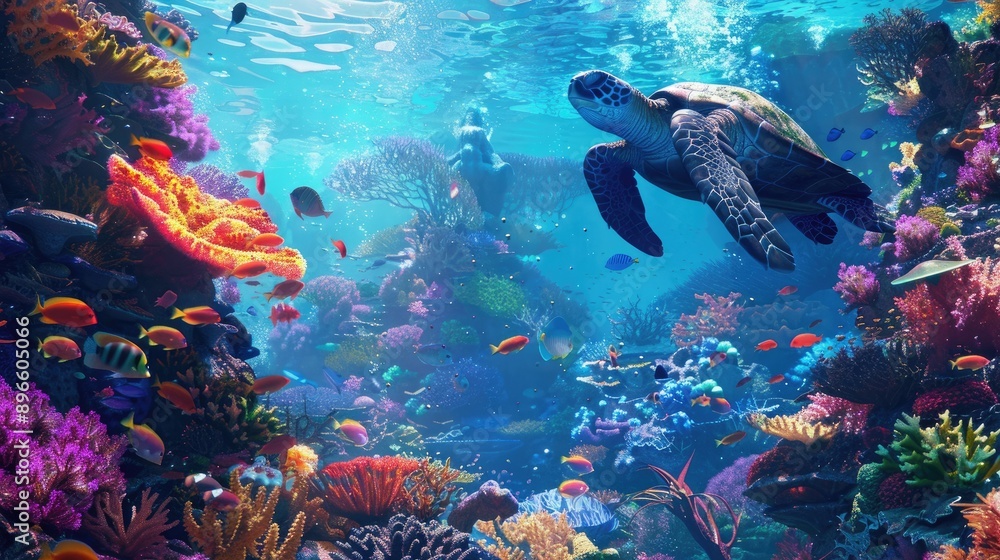 Wide shot of a stunning coral reef with various marine life, including a sea turtle and brightly colored fish Wide shot of a stunning coral reef with various marine life, including a sea turtle and brightly colored fish