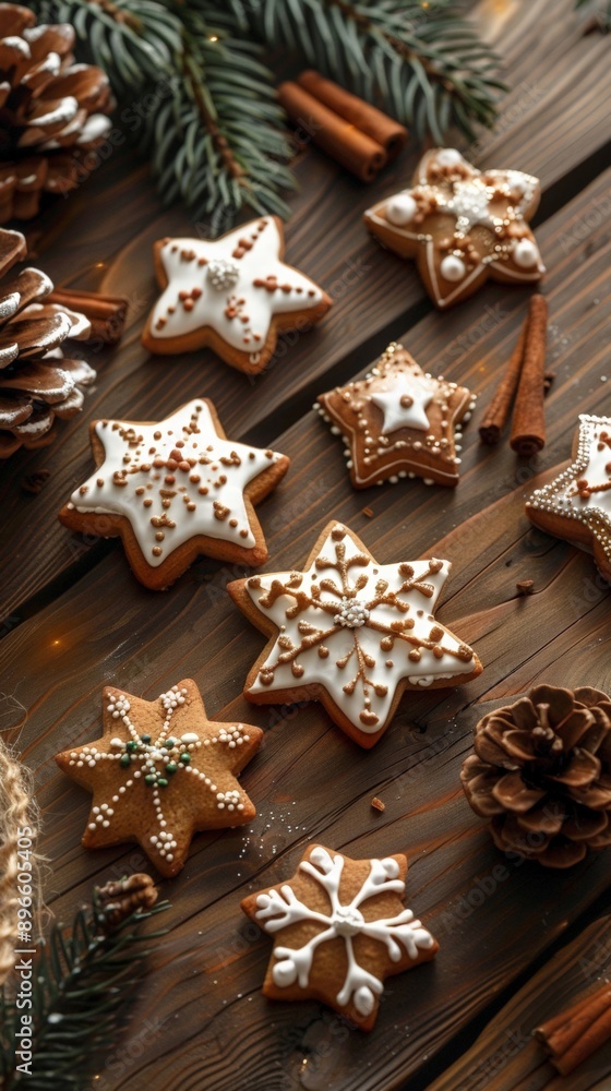 Christmas gingerbread cookies in the form of stars, Christmas trees and snowflakes on dark wooden background. Flat lay top view Close-up. Festive vertical background Christmas banner, greeting card Christmas gingerbread cookies in the form of stars, Christmas trees and snowflakes on dark wooden background. Flat lay top view Close-up. Festive vertical background Christmas banner, greeting card