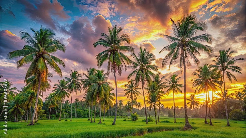 Lush green palm trees against a vibrant sunset sky in Indonesia, tropical, natural, atmosphere, Indonesia, palm trees, sunset, sky Lush green palm trees against a vibrant sunset sky in Indonesia, tropical, natural, atmosphere, Indonesia, palm trees, sunset, sky