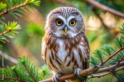 A mesmerizing northern saw whet owl perches on a branch, its big round eyes and feathery plumage blending seamlessly into the surrounding trees' foliage.