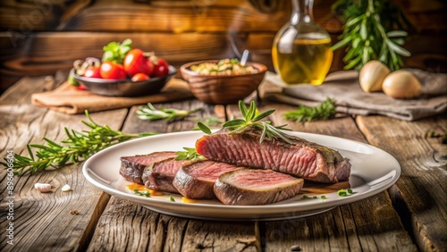 A beautifully styled still life featuring a crisp white plate with tender steak slices on a rustic wooden table against a warm kitchen backdrop on a sunny day.