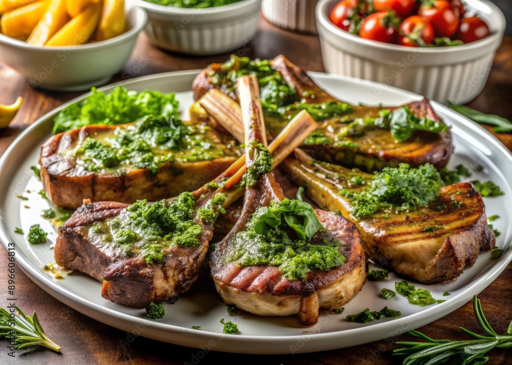 Juicy lamb chops, tender ribs, and grilled steak, smothered in fragrant pesto sauce and fresh herbs, served on a round white plate with savory side dishes. Juicy lamb chops, tender ribs, and grilled steak, smothered in fragrant pesto sauce and fresh herbs, served on a round white plate with savory side dishes.