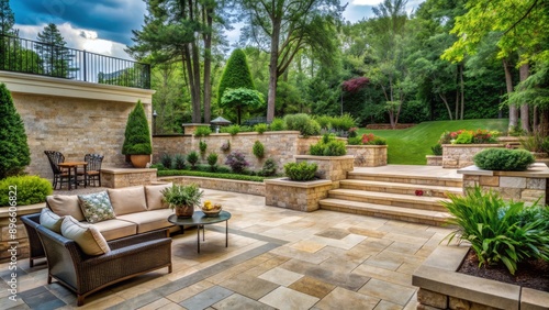 Wallpaper Mural Elegant landscaped patio with natural stone retaining wall, Travertine pavers, and lush greenery creates a serene outdoor living space perfect for relaxation. Torontodigital.ca