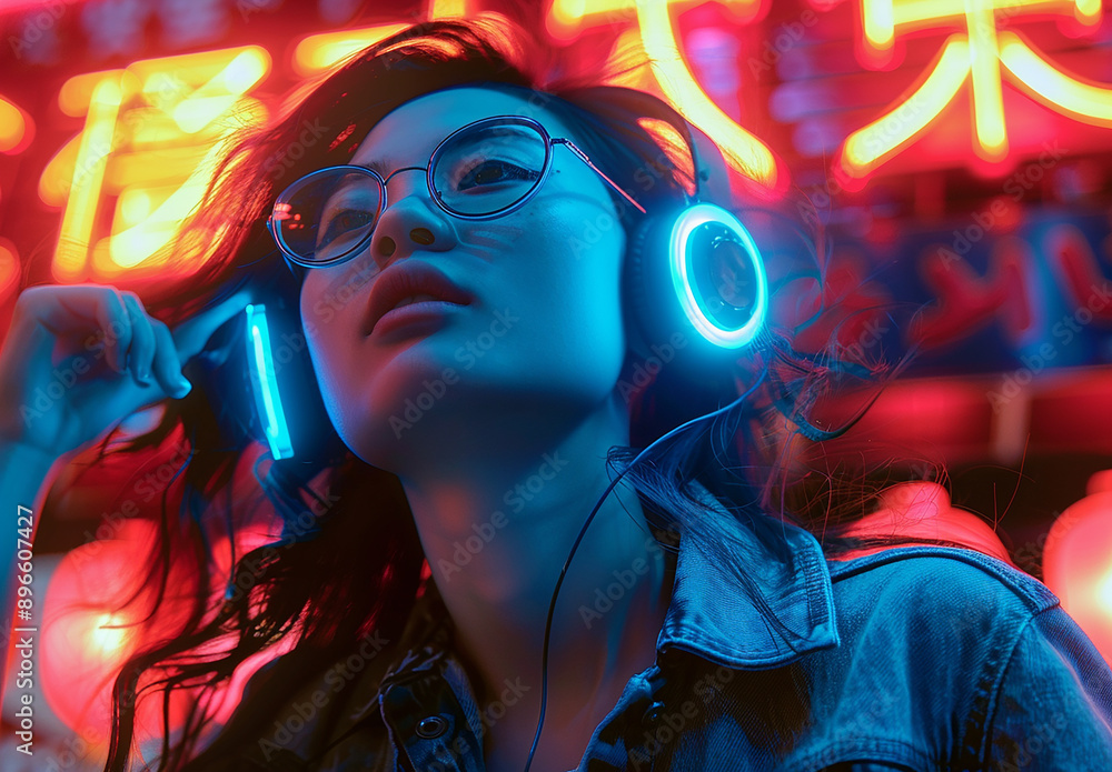 Young Woman Enjoying Music with Neon Lights in Urban Setting Young Woman Enjoying Music with Neon Lights in Urban Setting