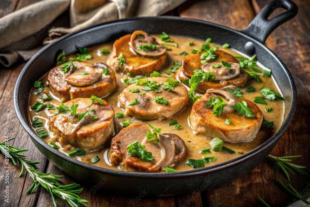 Juicy pork medallions smothered in rich mushroom gravy sizzle in a rustic cast iron pan against a dark stone background, tempting the senses with savory delight. Juicy pork medallions smothered in rich mushroom gravy sizzle in a rustic cast iron pan against a dark stone background, tempting the senses with savory delight.