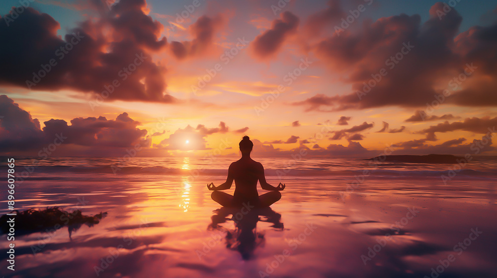 A person meditating on a beach with a beautiful sunset A person meditating on a beach with a beautiful sunset
