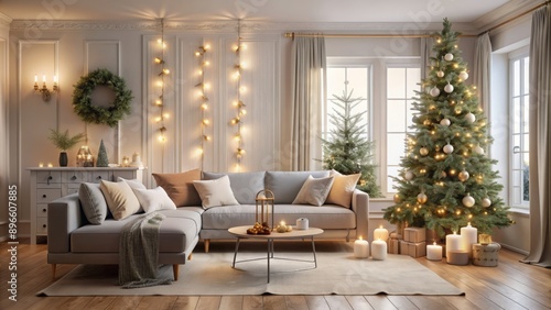 Wallpaper Mural Cozy Scandinavian-inspired living room decked out for Christmas, featuring a slender tree adorned with white garland, toy balls, and soft fairy lights ambiance. Torontodigital.ca