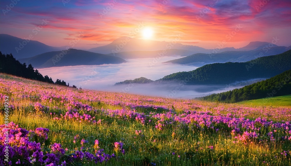 Fototapeta premium Beautiful field of wild flowers. Fog. lake, serenity