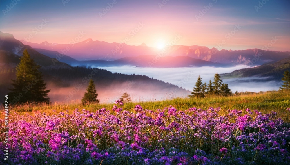 Fototapeta premium Beautiful field of wild flowers. Fog. lake, serenity