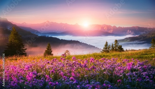 Beautiful field of wild flowers. Fog. lake, serenity