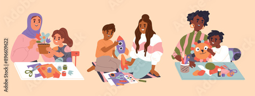 Kids make craft with mother. Set of scenes with happy little boys and girls doing creative work with their beloved moms. Parents spend time with children. Flat vector isolated illustration collection