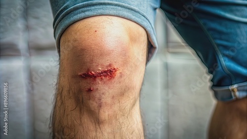 Close-up image of a scraped knee showing signs of abrasion , wound, injury, skin, scab, pain, healing, healthcare